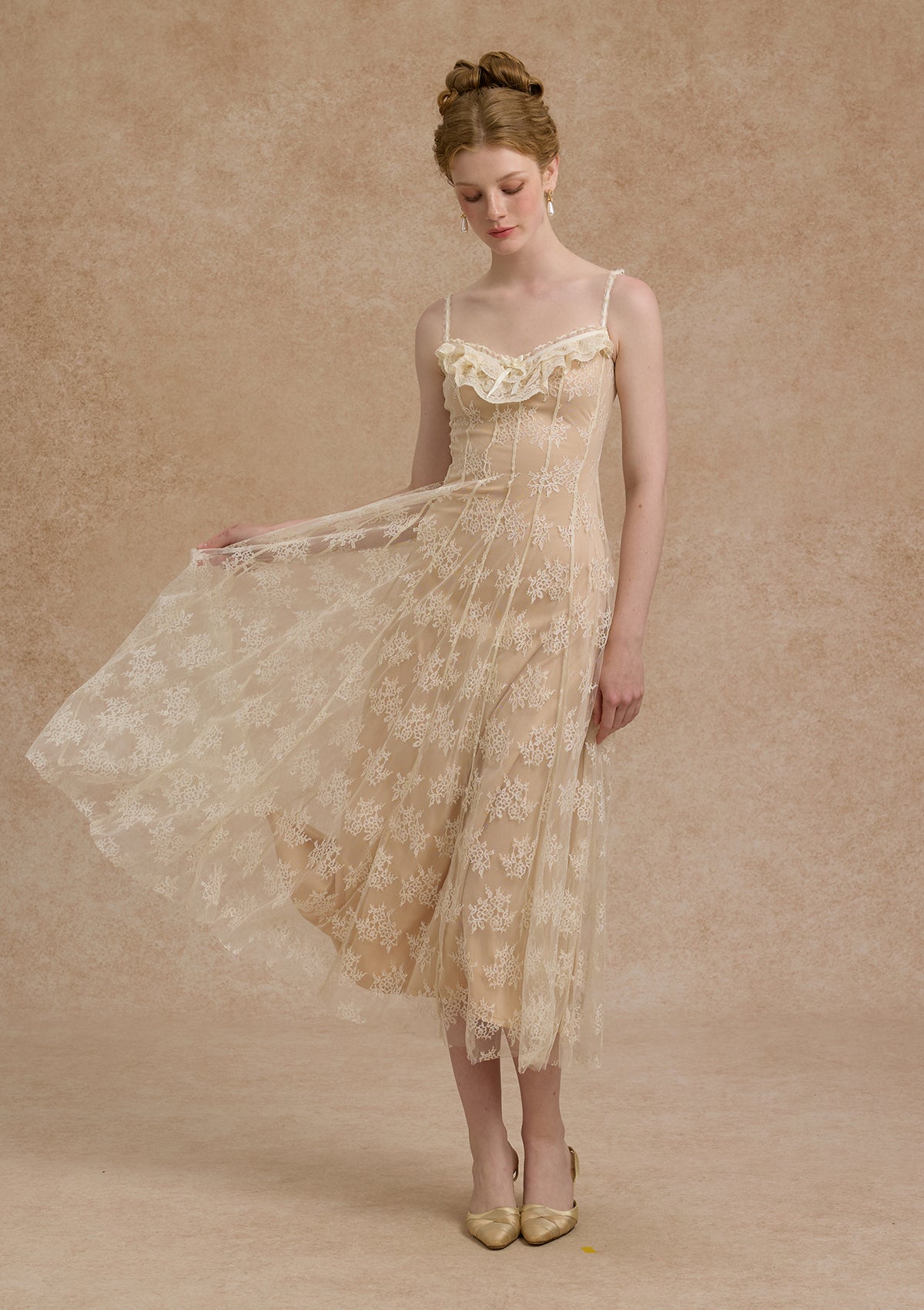 “Lace Bouquet” Champagne Lace Spaghetti Strap Ruffle Dress