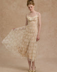 “Lace Bouquet” Champagne Lace Spaghetti Strap Ruffle Dress