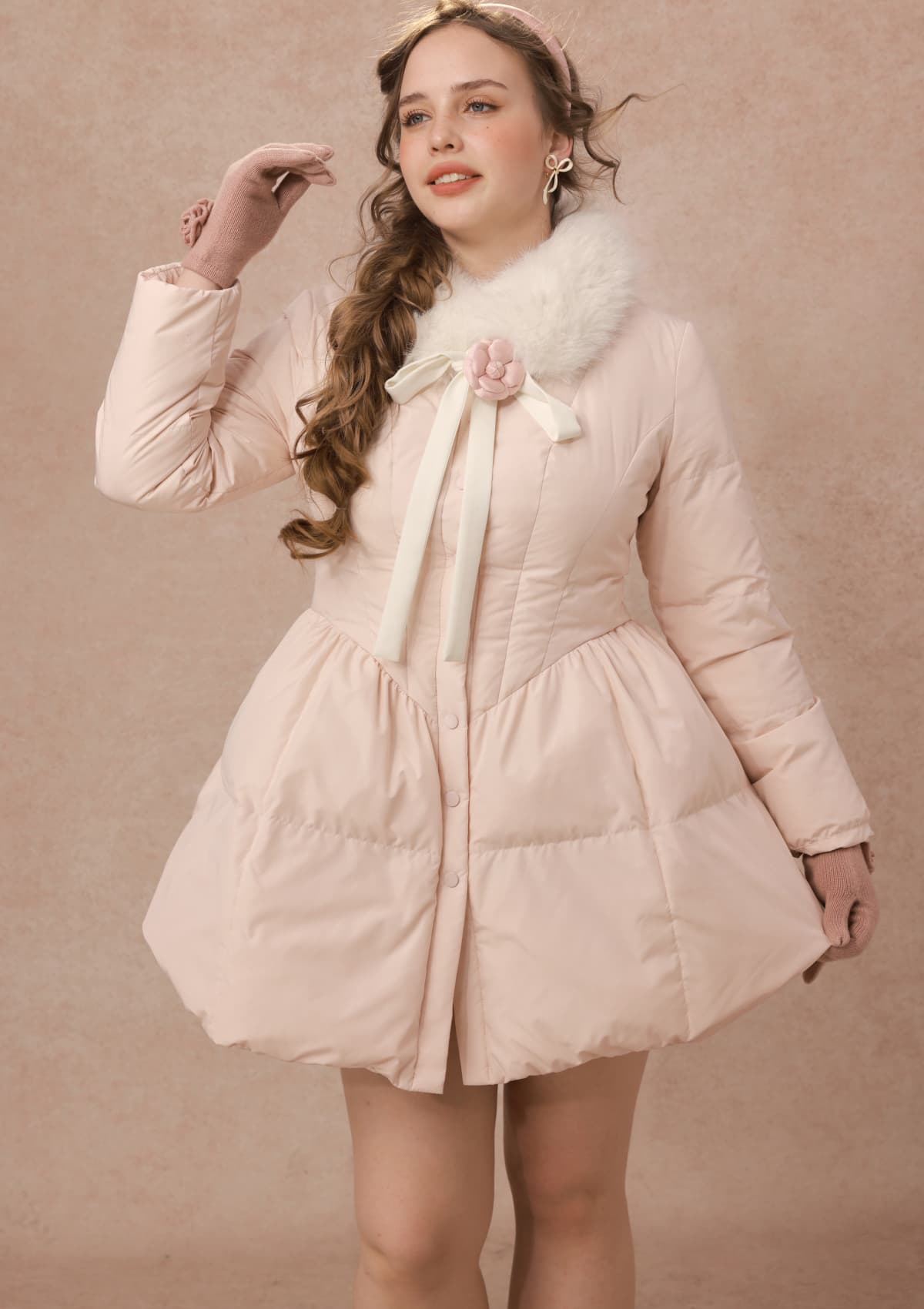 Curve&amp;Plus Powder Snow Rose Puffy Down Jacket  (pink)