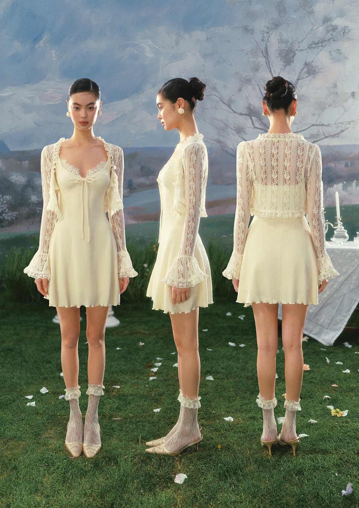 "Little Angel" lightweight long sleeve lace cardigan - front, side, and back view