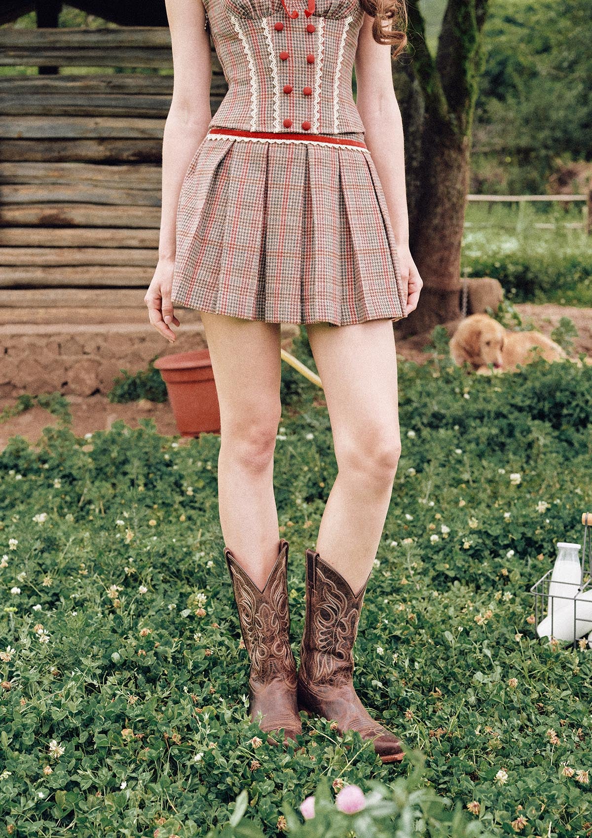 Close-up of red velvet ribbon trim on "St. Paul Crimson Berry" skirt