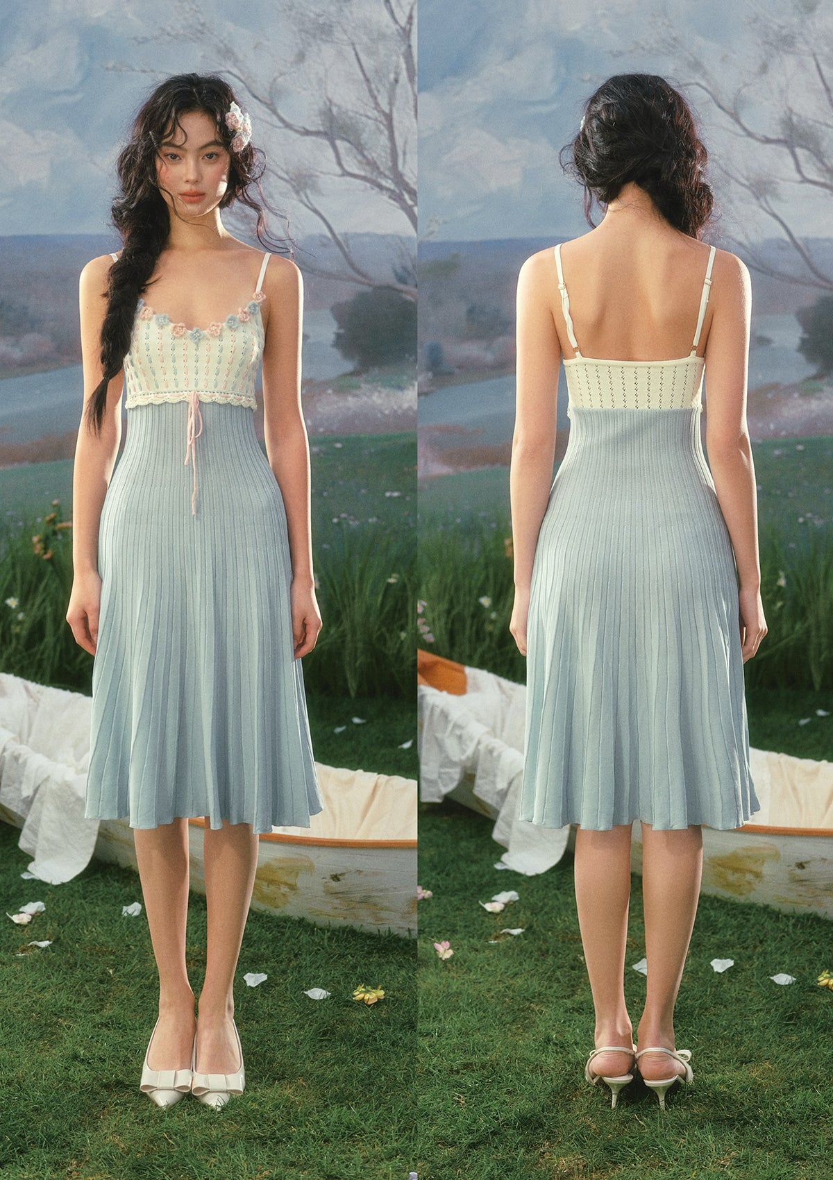 レースパネルニットドレス / Lace Paneled Knit Dress Rose Tide Knit Dress