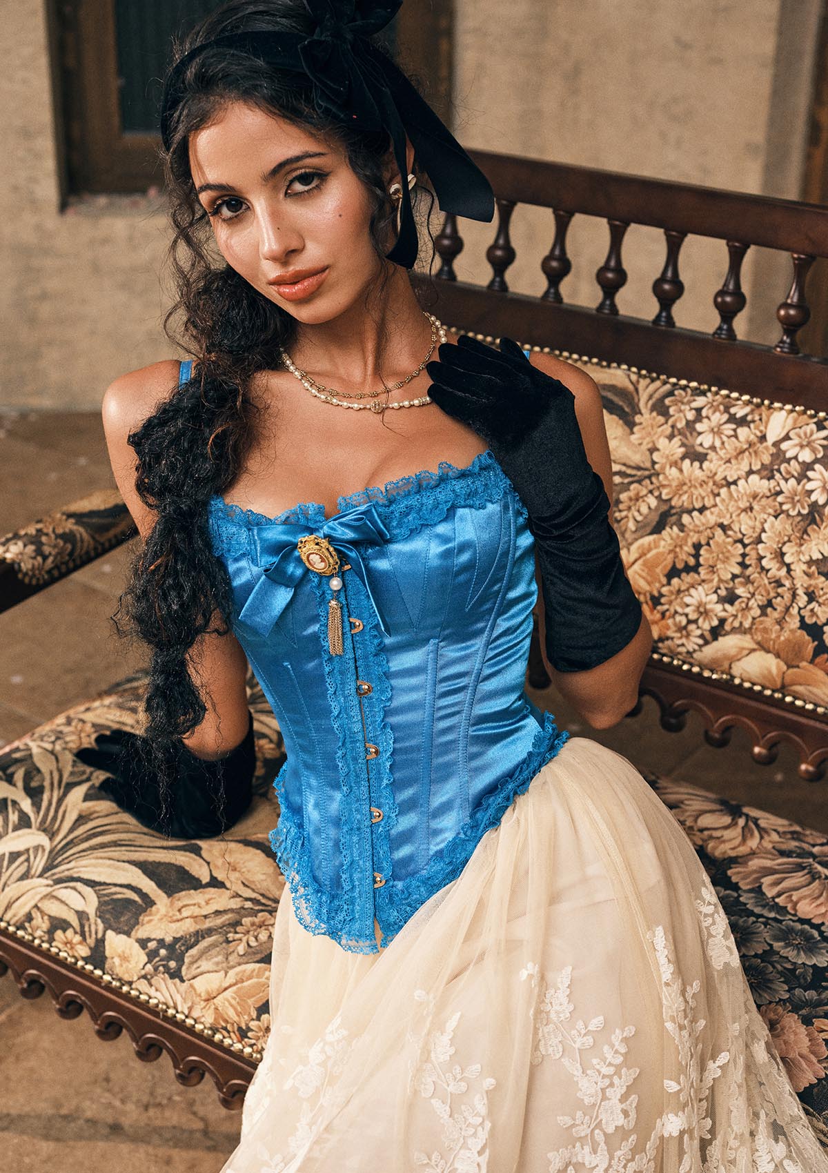 Sapphire Corset - Vintage style blue satin corset with front metal busk closure