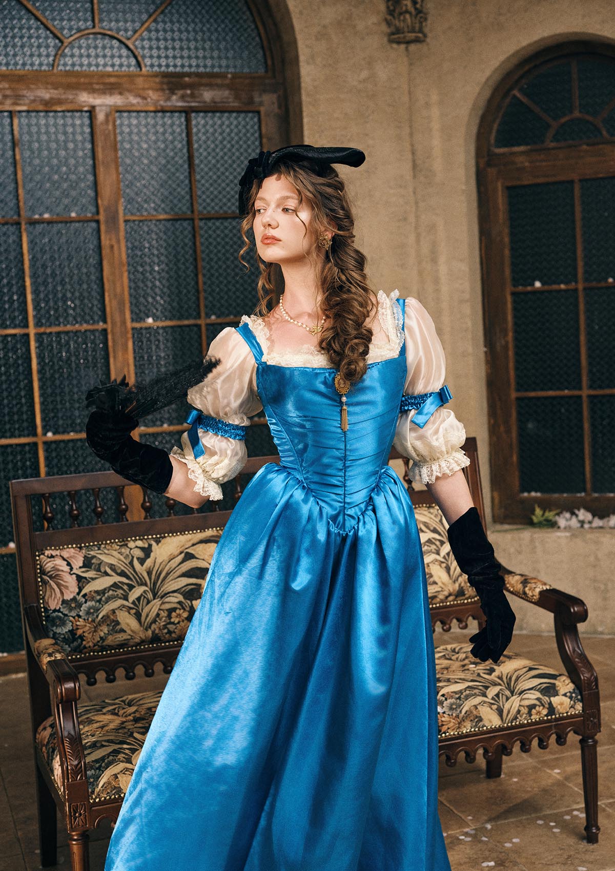 Jewel blue satin evening gown with corset bodice - Sapphire Corset Gown