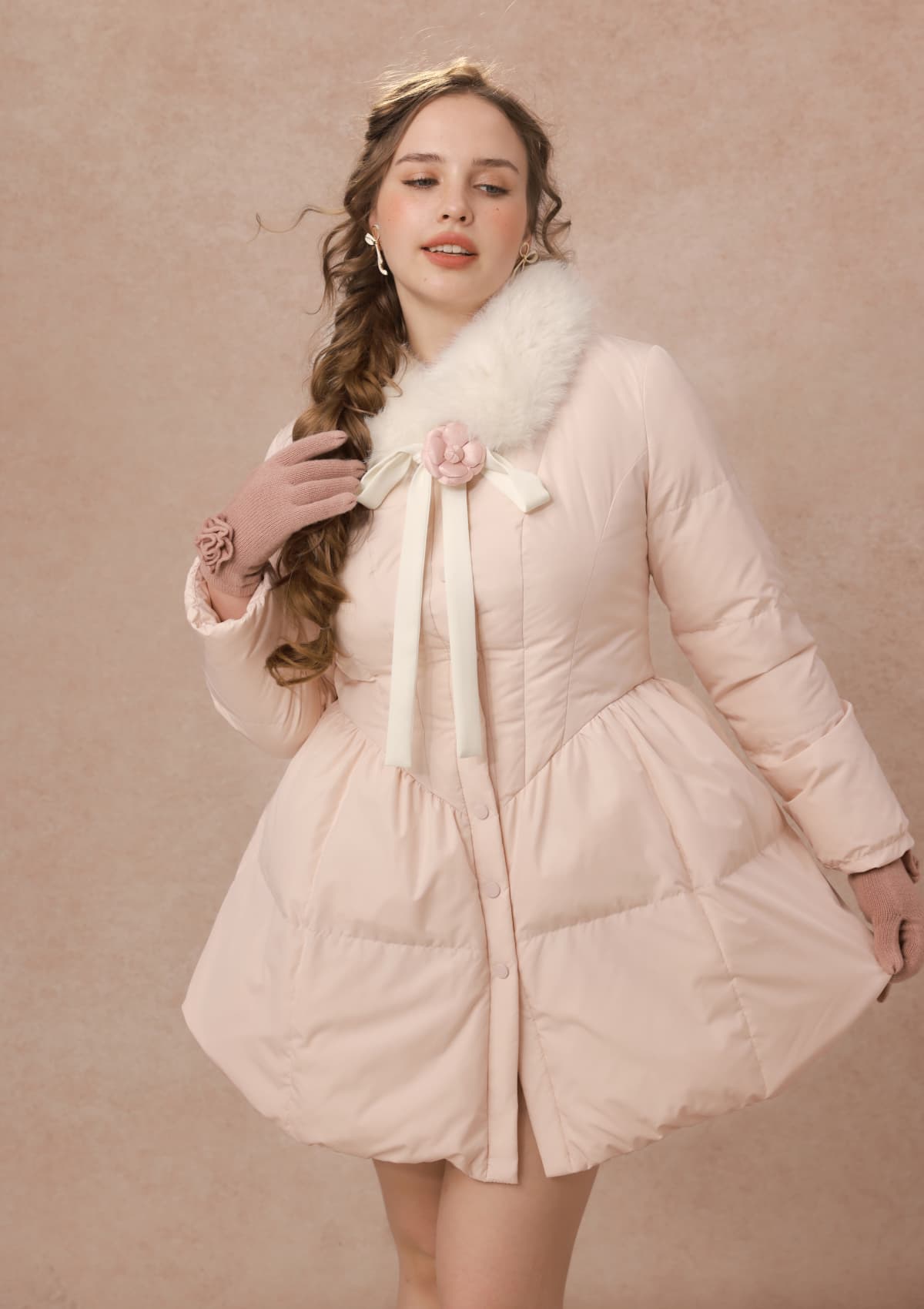 Curve&amp;Plus Powder Snow Rose Puffy Down Jacket  (pink)
