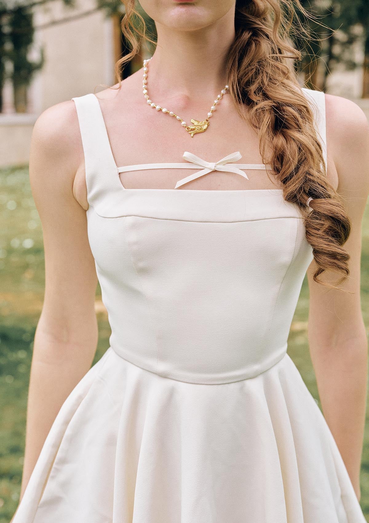 Beyond Campus White Dress(Short) - square neckline and delicate ribbon bow detail
