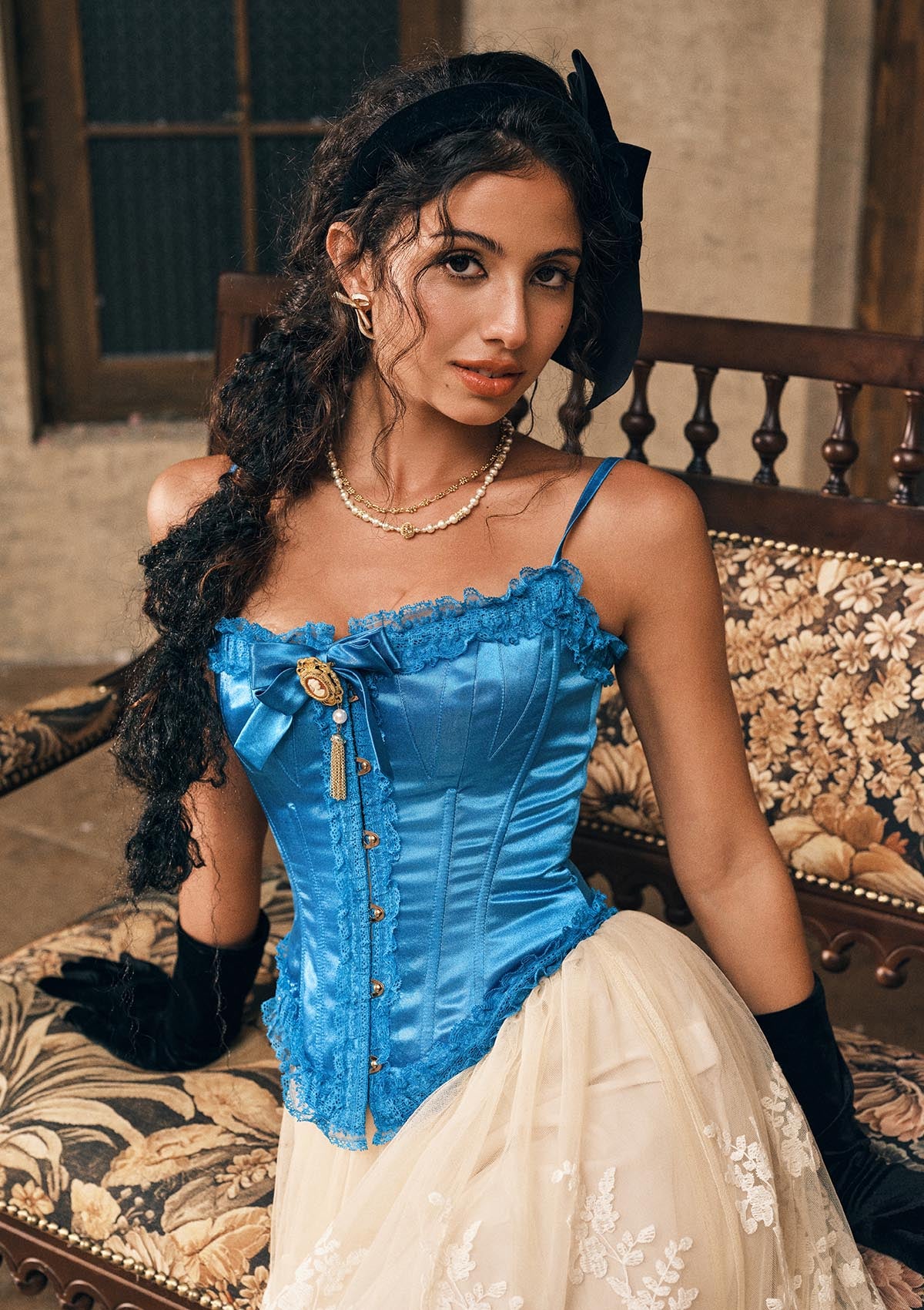 Lacemade Sapphire Corset - Luminous jewel blue satin fabric detail