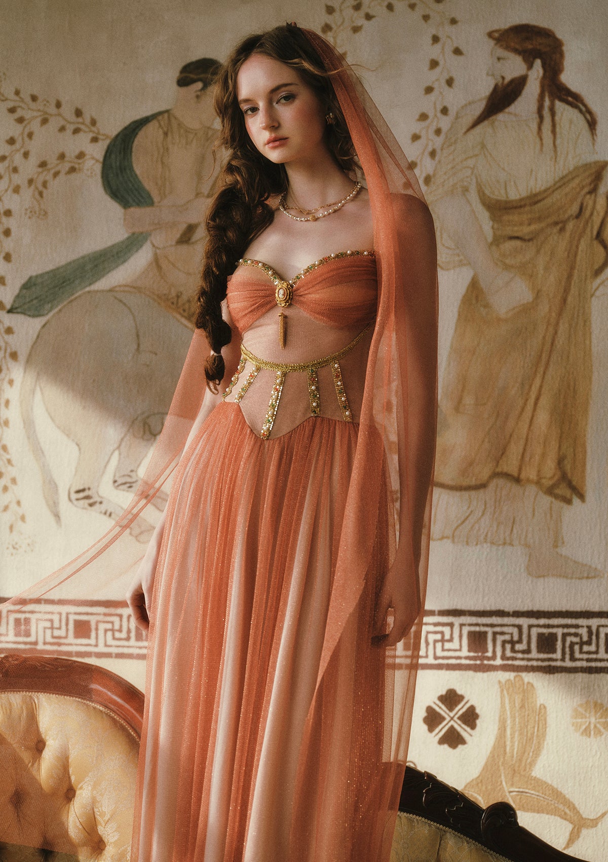 Lacemade “Sahara Rose” empire waist Bridgerton inspired dress - gold mesh style