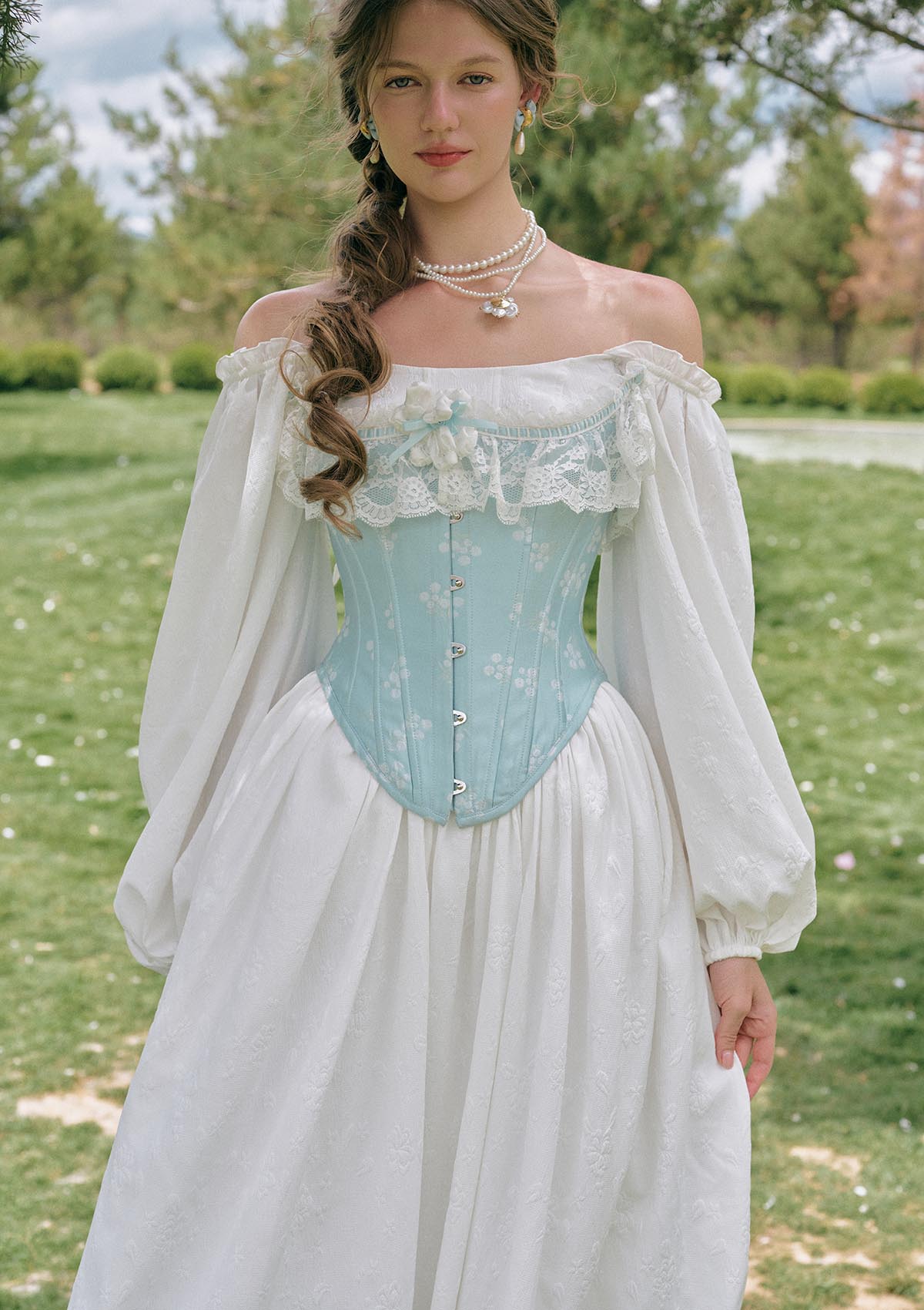 Moonlit Ice Castle Corset - light blue fantasy corset with front metal busk closure