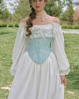 Moonlit Ice Castle Corset - light blue fantasy corset with front metal busk closure