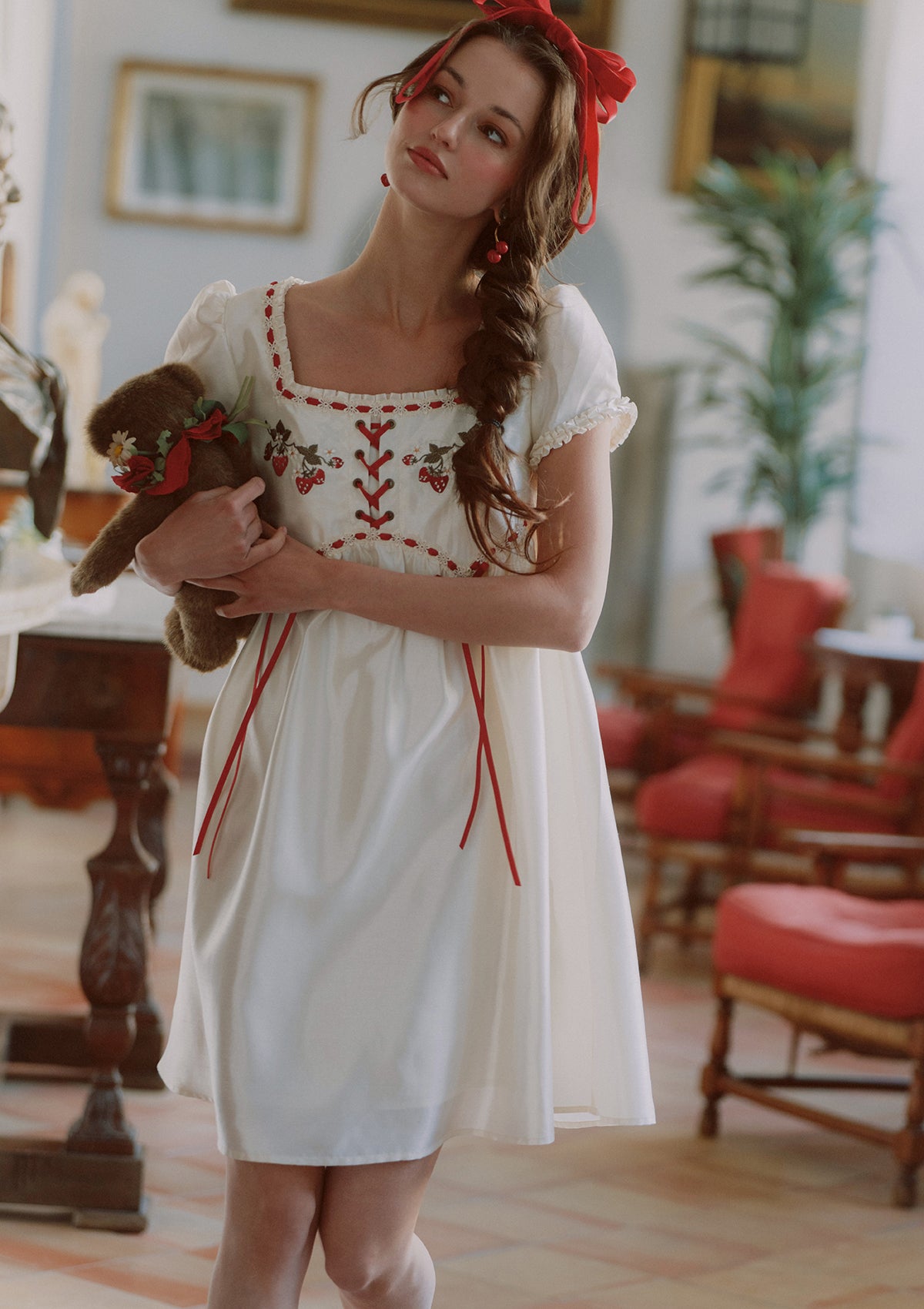 white dress with strawberries Strawberry Doll Adult Queen Anna Costume this dress is an Style:Thigh-Split Color:SWEET PINK