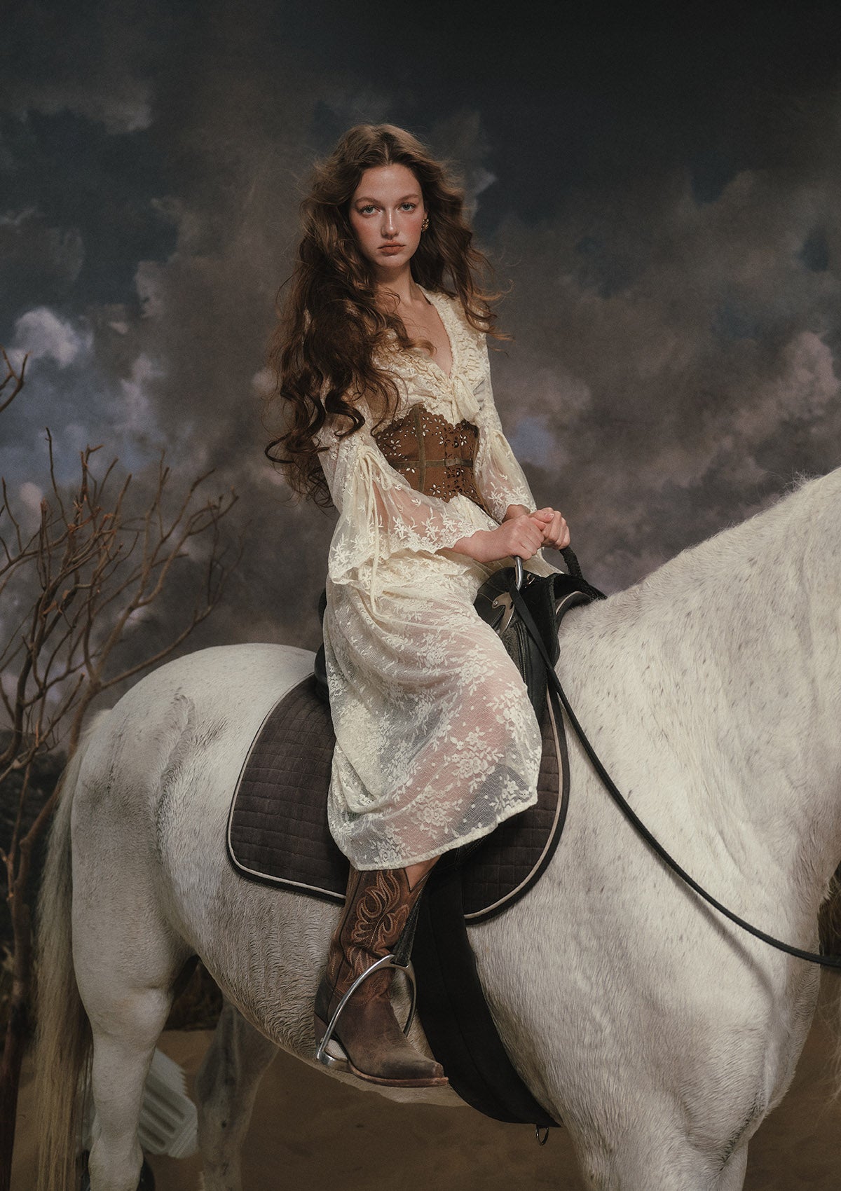 Cottagecore White Lace Dress for Engagement Photos - "White Horse Princess"