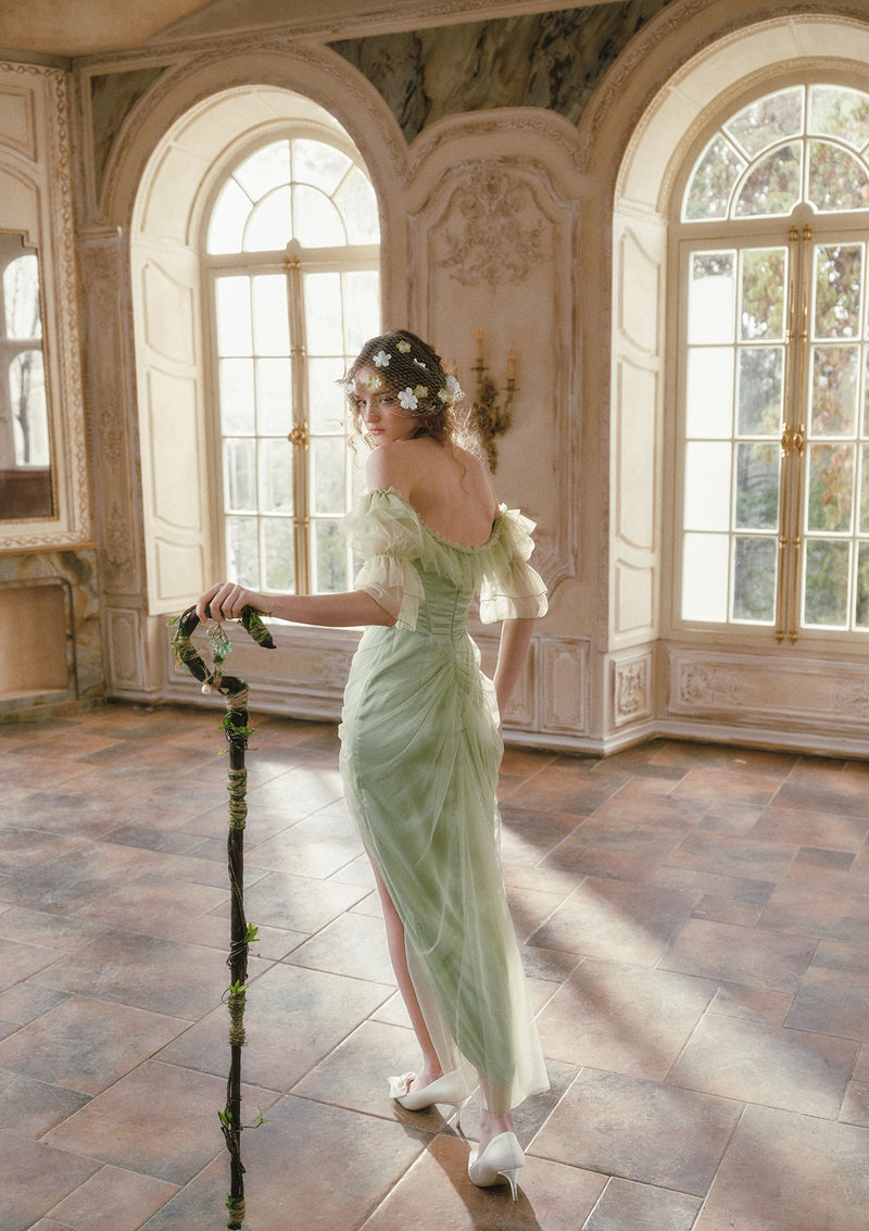 woodland green dress Mosslight Fantasy Wedding Dress | Green Ombre Tulle Gown With Cape Sleeves  | Woodland Fairy Bridal Dress | Forest Vibes