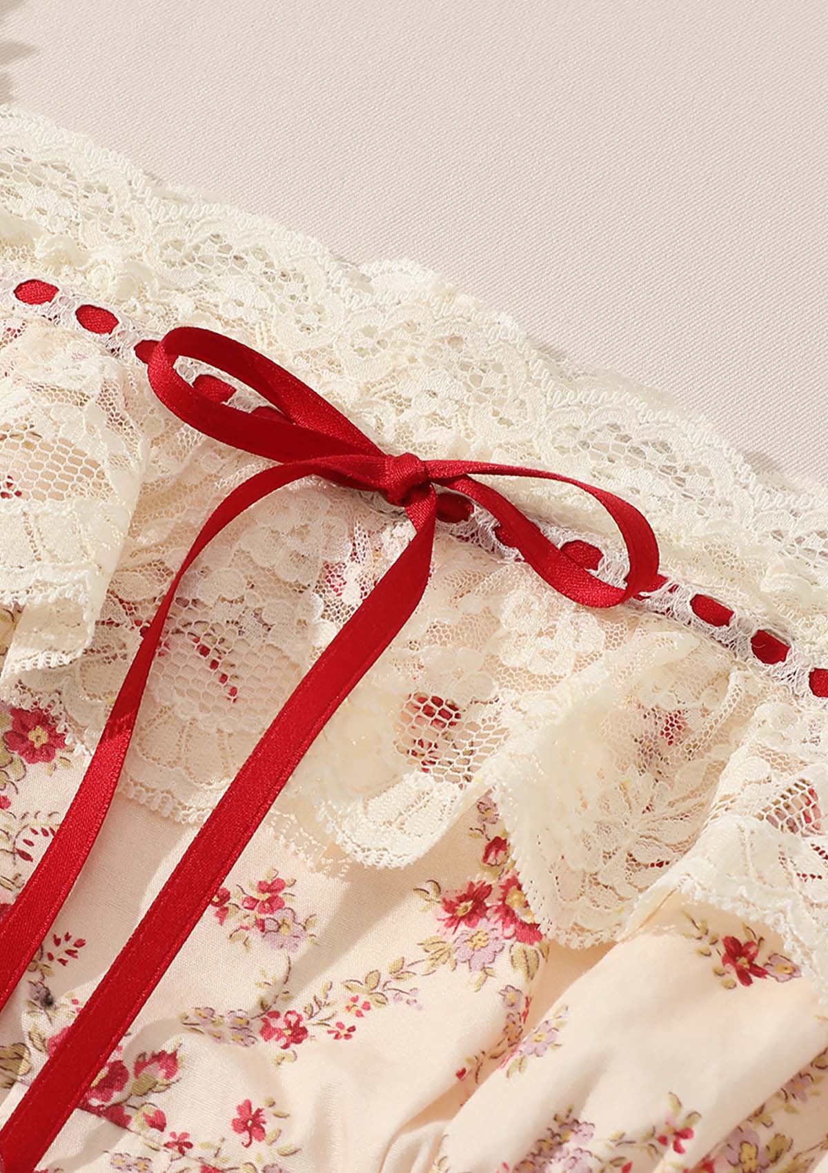 Lacemade "Red Garnet" dress neckline - coquette red bow and ruffle lace trim