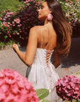 Lacemade tea length floral dress - corset back view and classy silhouette