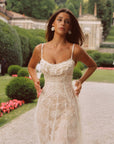 Lacemade "Lace Bouquet" champagne lace dress - spaghetti strap ruffle neck