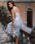 Back view of Lacemade "Moon Sea Tides" blue butterfly print midi dress