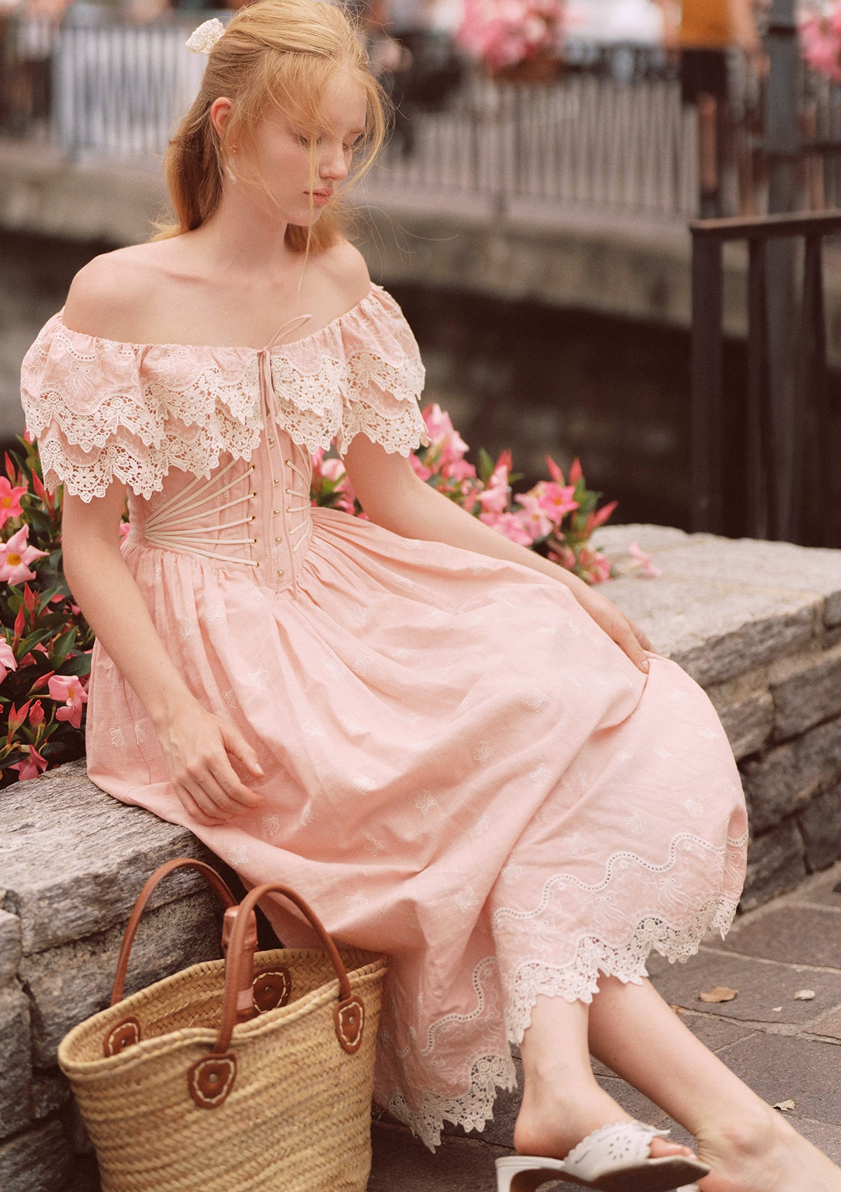 chinese dress ladies Pink Floral Mesh Dress - Ruffle Layers & Puff Sleeves main image 0