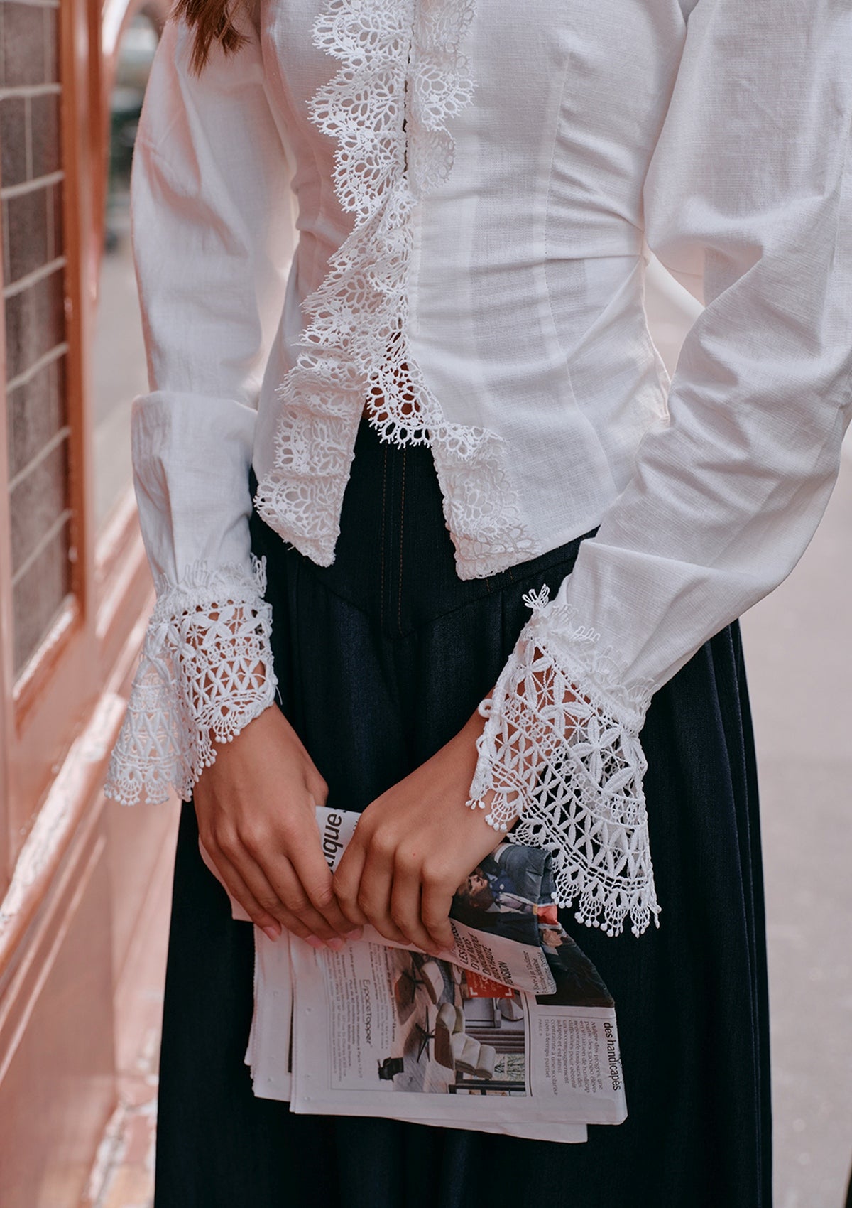 mame ＊ PEDICEL LACE FRENCH SLEEVES SHIRT French Milk Foam Shirt