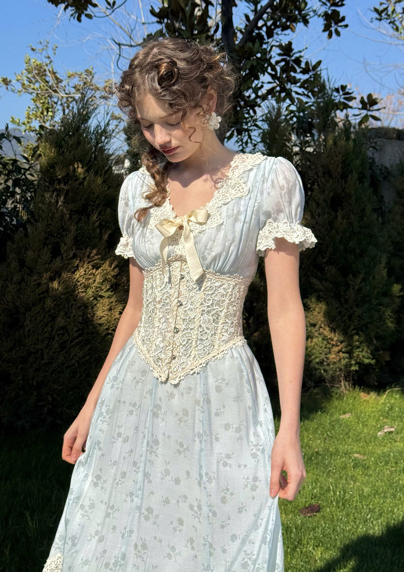 underbust corset dress Medieval in Green with Rustic Laces collared shirt and bustle skirt for a Steampunk look Joey Underbust Corset- Cherry Brocade