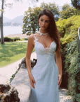 Front view of "Moon Sea Tides" light blue butterfly foil-print dress