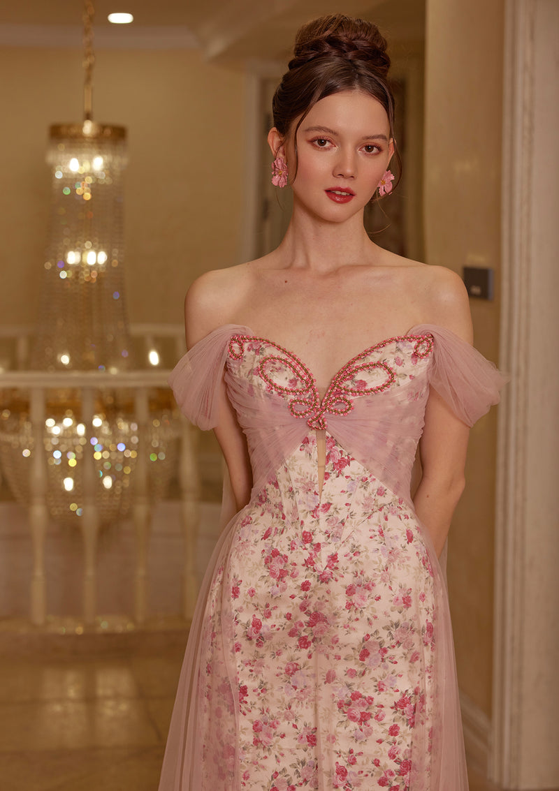 pink floral corset dress Blush Tulle Midi adhesive bra Floral Disc Fairy Corset Dress