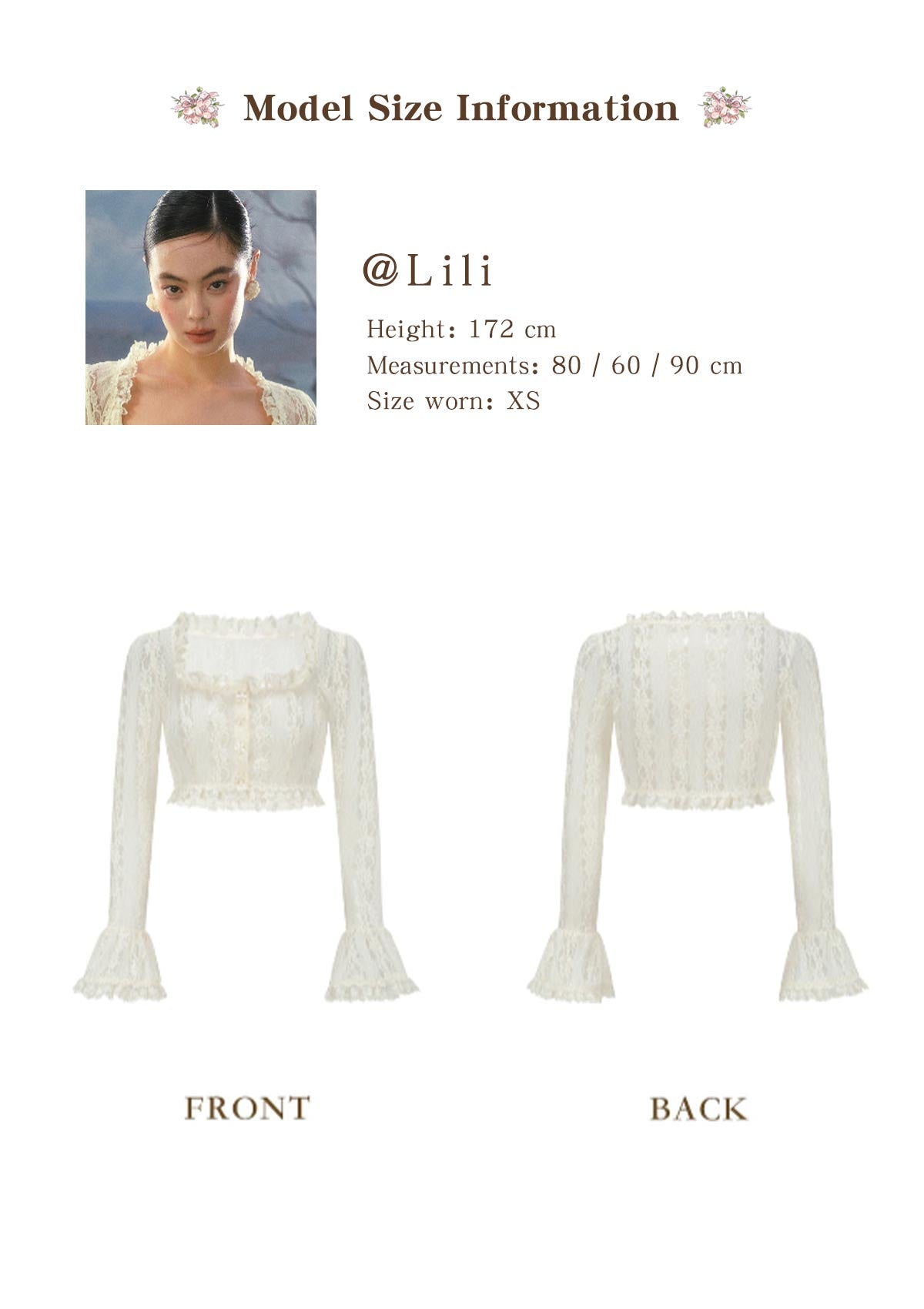 Front and Back view of "Little Angel" white lace cardigan with long sleeves
