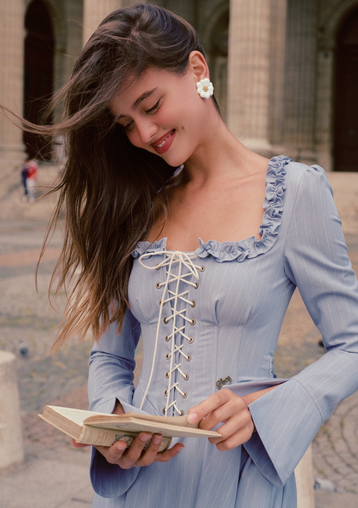 dress corset top flowy bottom Coastline Corset Dress | Dusty Blue Long Sleeve