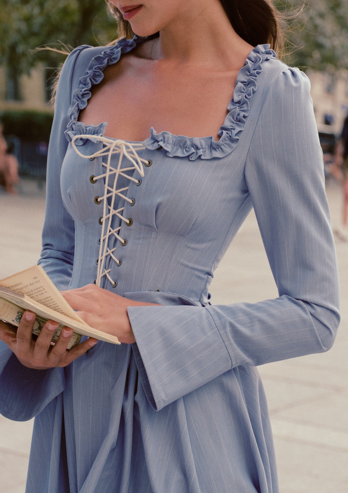 Coastline Corset Dress | Dusty Blue Long Sleeve - LaceMade