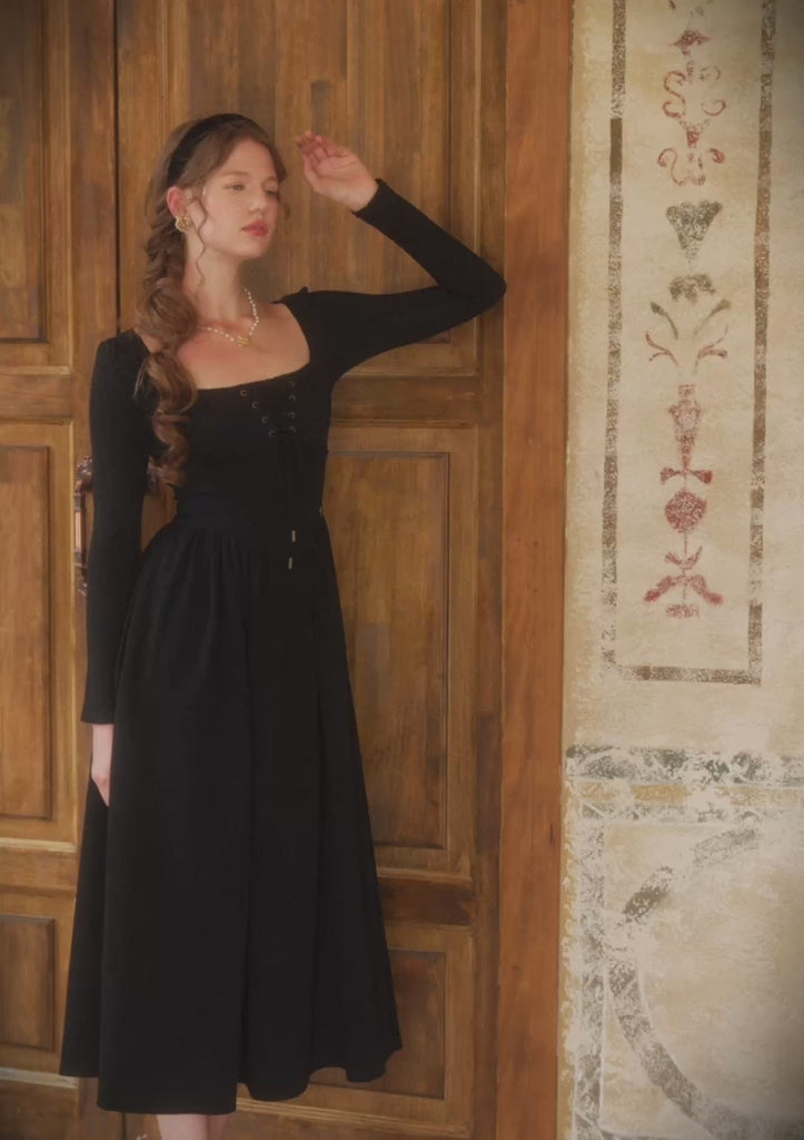 Courtyard Rendezvous black knit maxi dress for romantic evening dates
