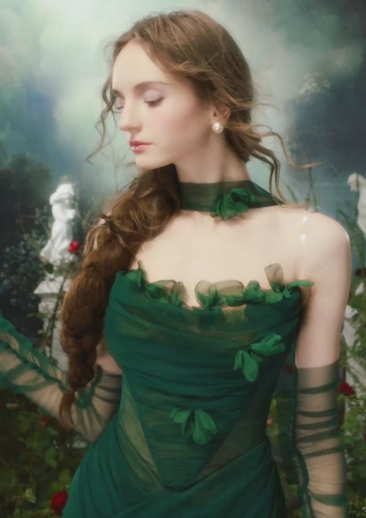 Lacemade forest nymph green dress - Ethereal sheer layered photoshoot look