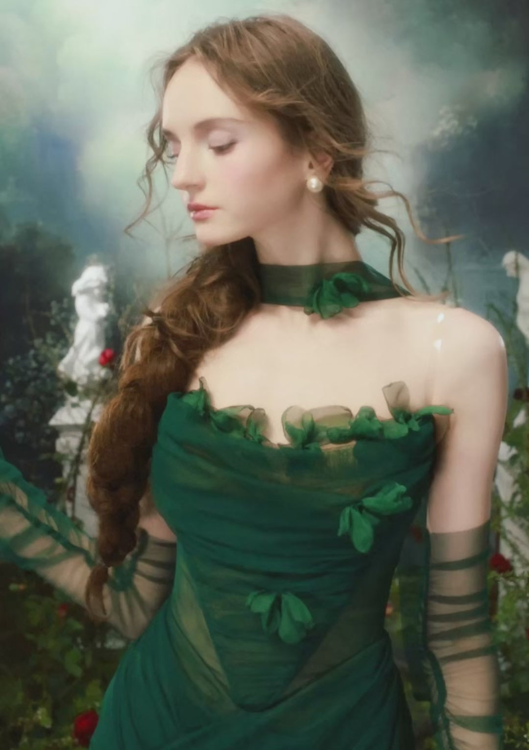 Lacemade forest nymph green dress - Ethereal sheer layered photoshoot look