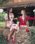 Vintage-inspired puff sleeve jacquard dress on Rosevale Dress B