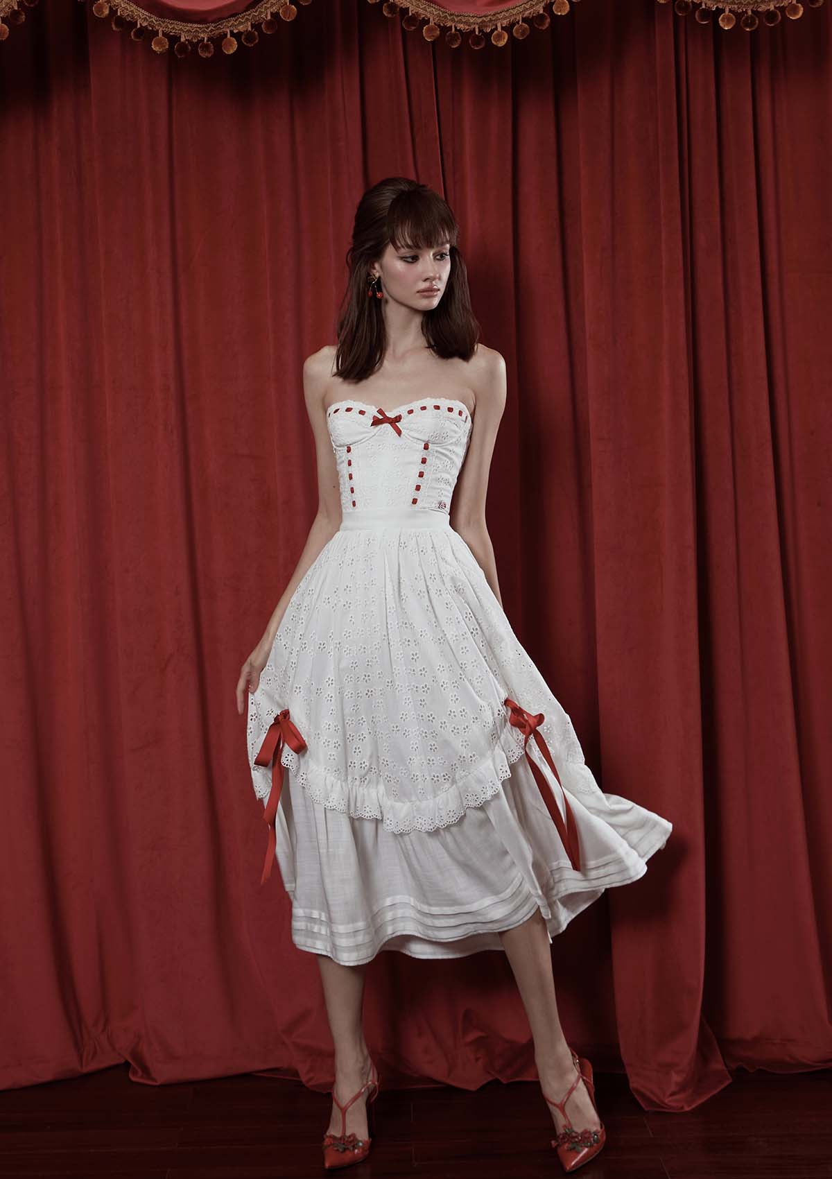 lacemade white dress Embrace your inner Mary Poppins Pearl Corset Shop here lacemade.com #lacemade #modernvintage #modernvintagefashion #disney # #cottagecore Shaped Neckline White Dresses