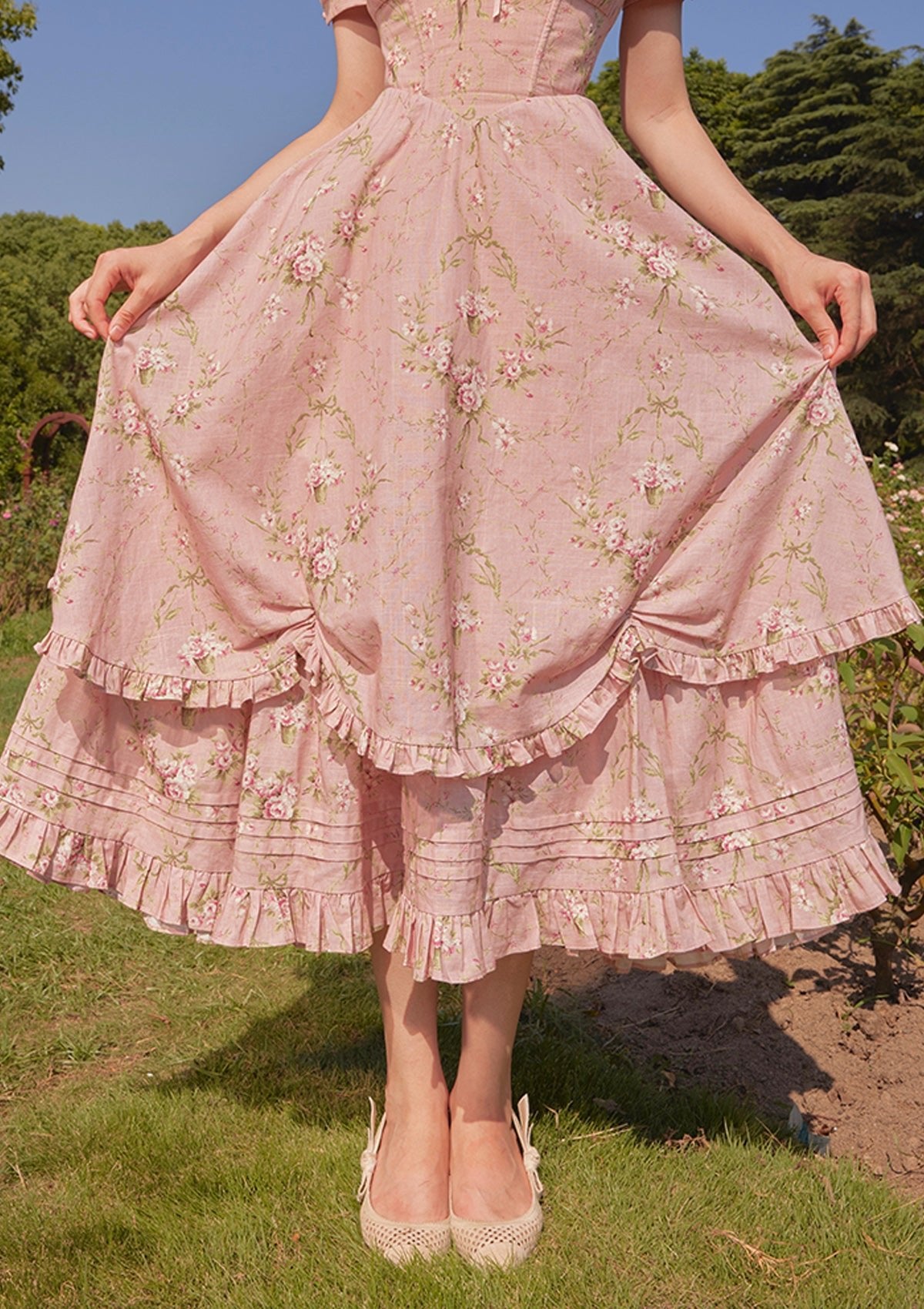 Rose Print A Line Corset Midi Dress in Pink