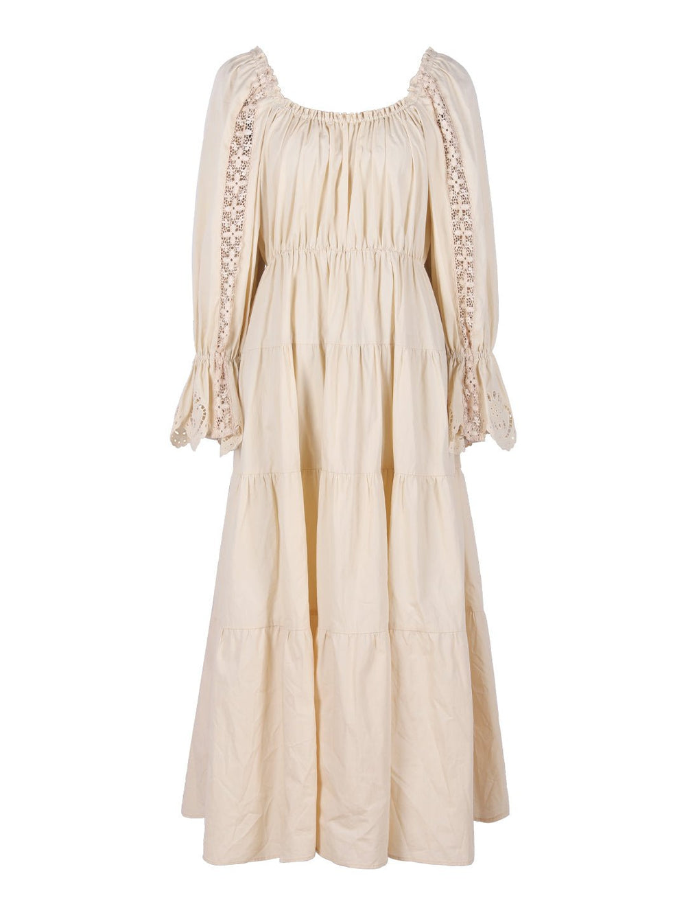 Off Shoulder Long Sleeve Gown Maxi Dress in Beige